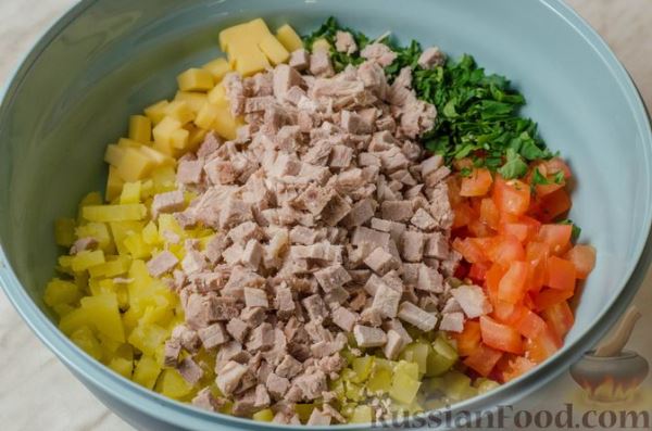 Мясной салат с картофелем, помидорами, солёными огурцами и сыром